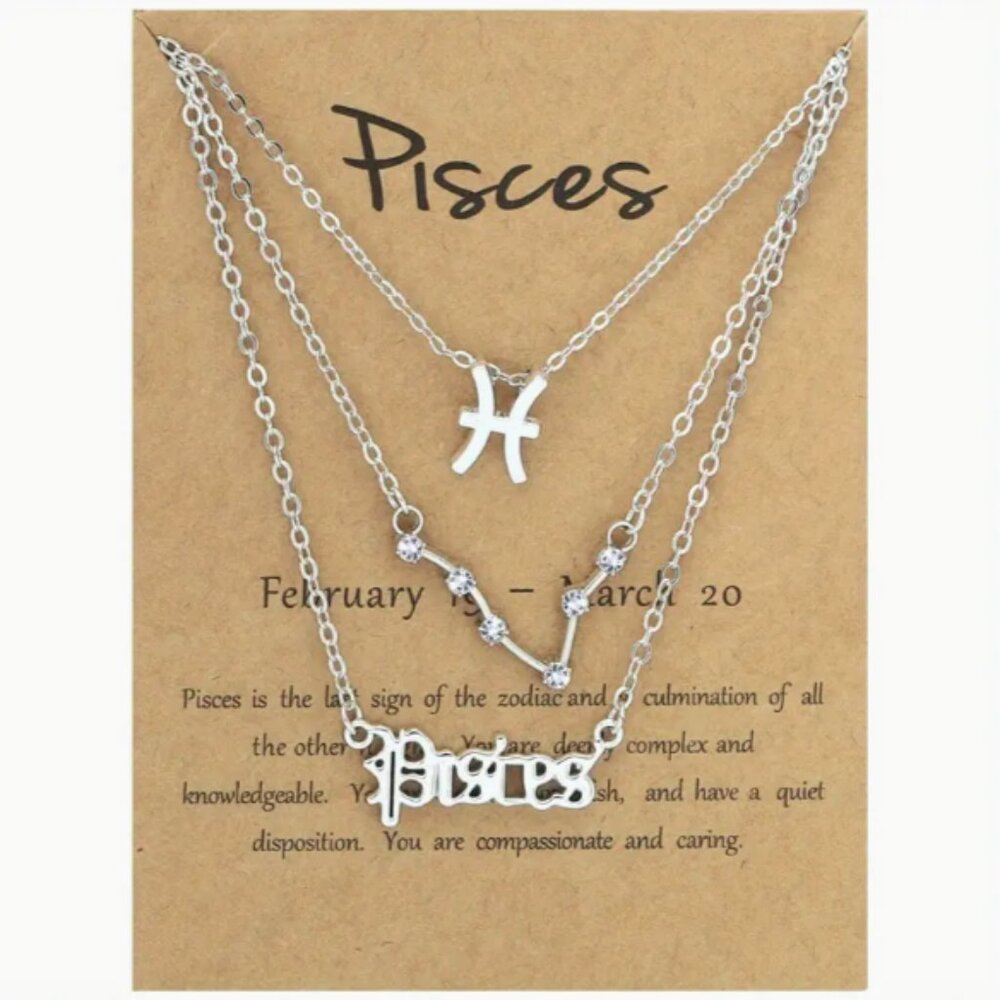 🍏50% OFF/3+..♓ 3 pc zodiac Pisces link chain layered necklace set (Silver tone)